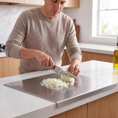 Planche à découper homme coupe un oignon 
