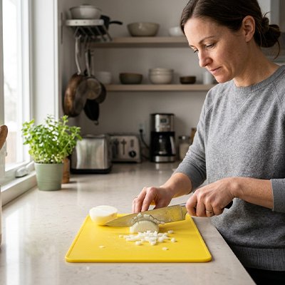 Planche a decouper femme coupe un oignon sur la planche jaune 