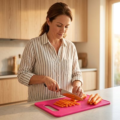 Planche a decouper femme coupe de carottesur la planche rouge