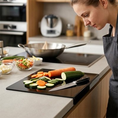 Planche a decouper avec des légumes et un couteau 