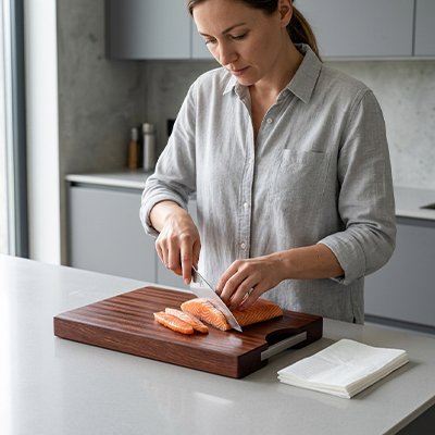 planche à découper bois femme qui découpe du saumon 