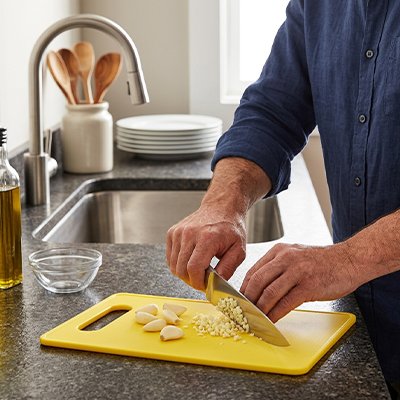 Planche a decouper homme coupe de l'ail sur la planche jaune 