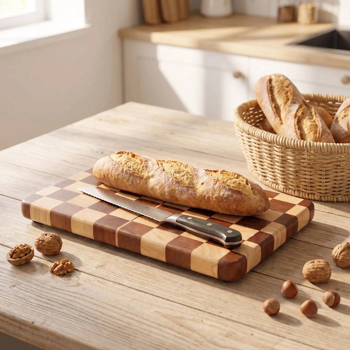 planche à découper en bois d'acacia, damier avec un pain et un couteau