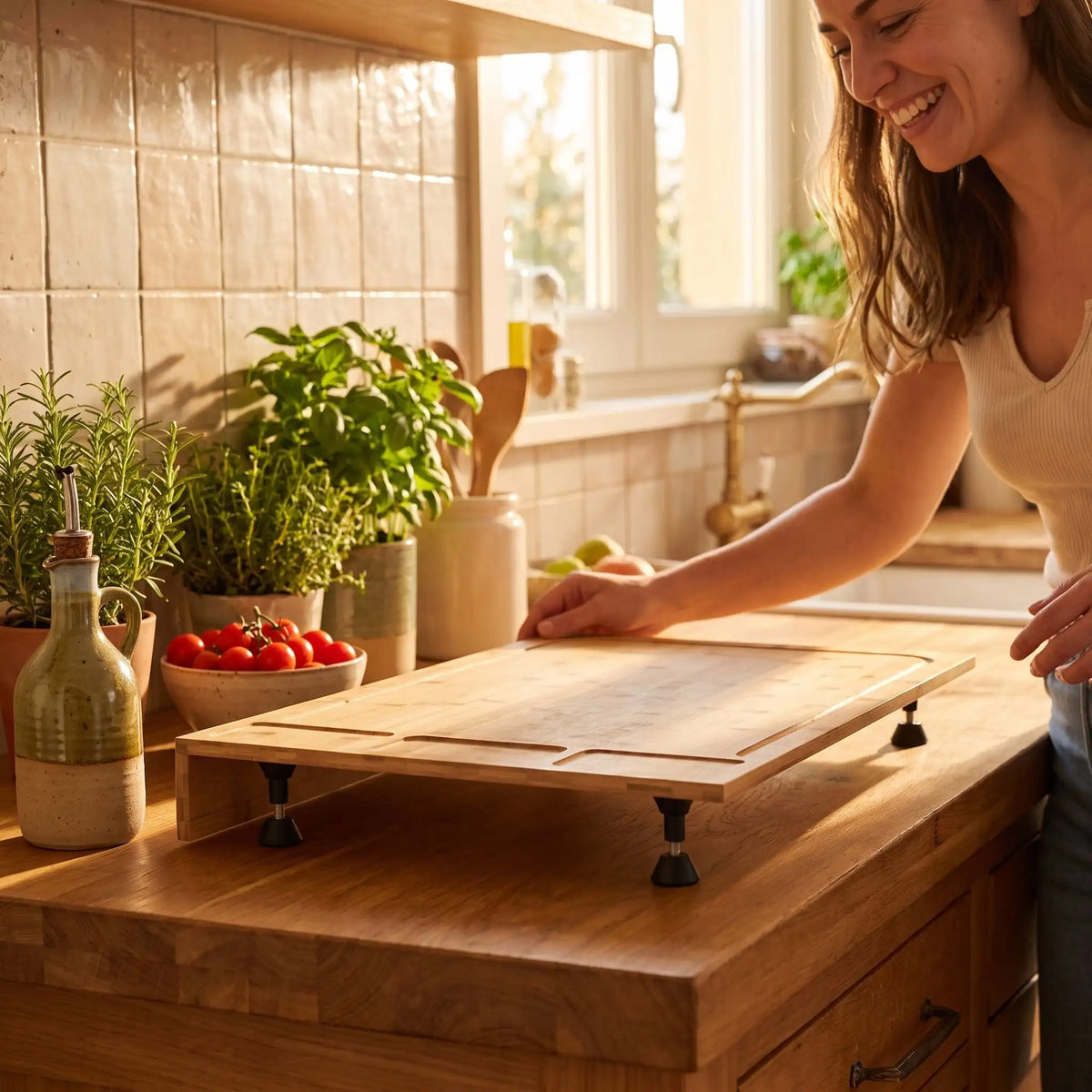  planche à découper et protection de comptoir , femme heureuse de sa planche 